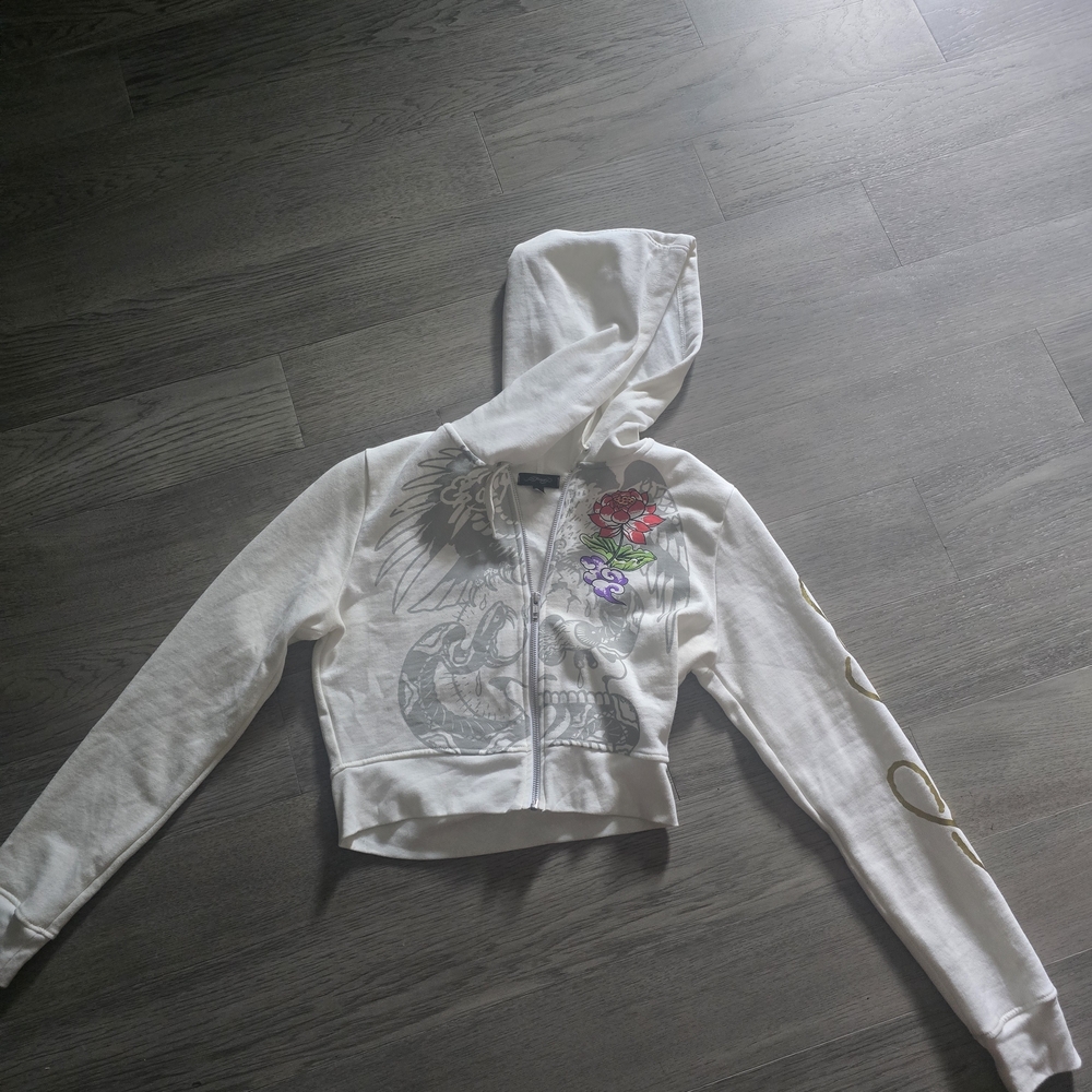Ed Hardy Cream Hoodie with Red and Purple Accents